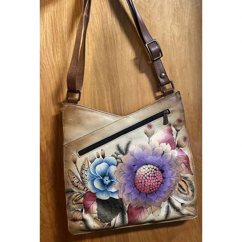 Anuschka Hand Painted Leather Rustic Floral‎ Crossbody Organizer Bag Purse 13x12